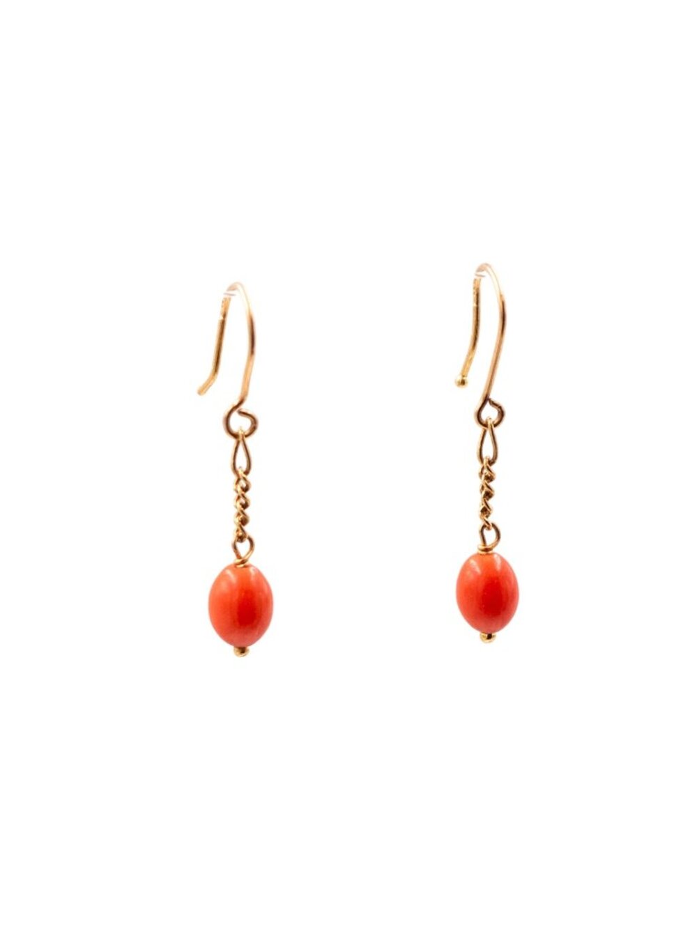 18K Yellow Gold Red Coral 1 Inch Dangle Earrings Estate Fine Jewelry